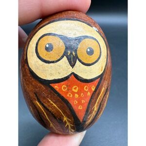 Vintage 1971 Hand Painted Rock Owl‎ Folk Art Signed Stone Earth Rustic Woodland